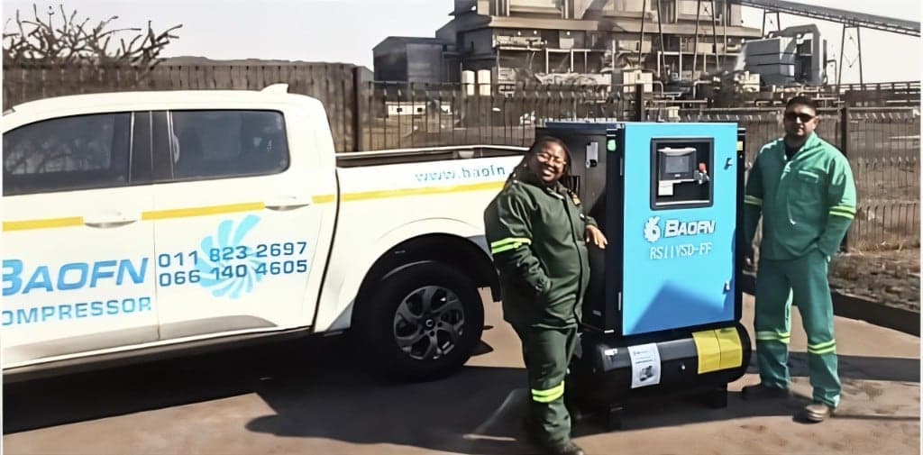 A compressor donated to the local mining community on Mandela Day 2024, with a BAOFN service bakkie