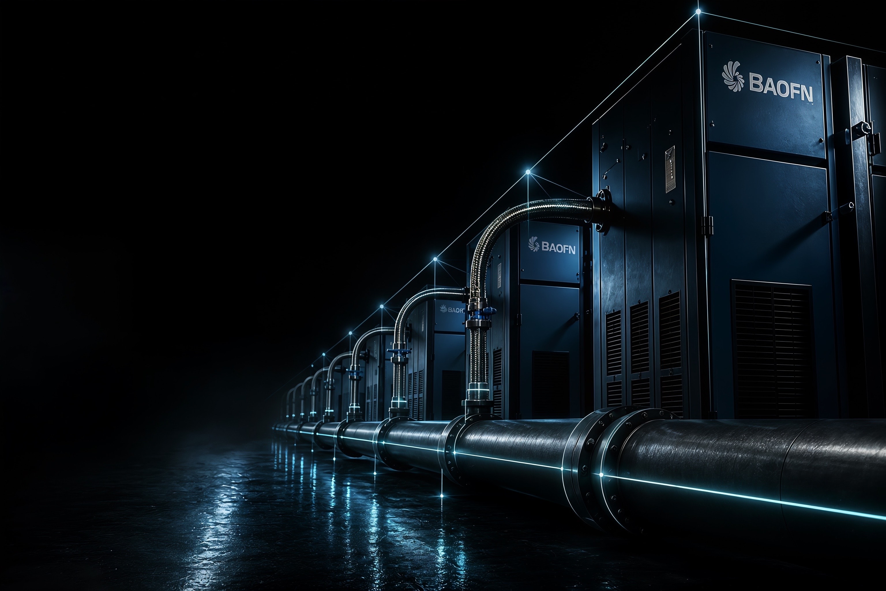 BAOFN compressor bank on a plant header, with AirLink control overlaid on the network