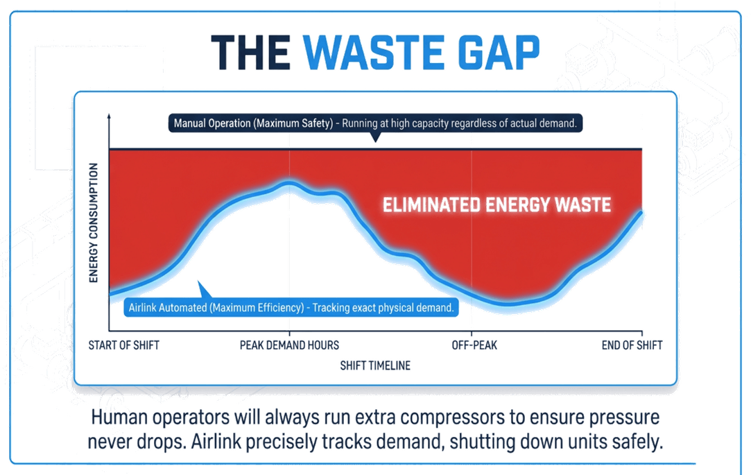 The Waste Gap: manual operation runs at high capacity all shift while AirLink tracks actual demand — the shaded area between them is eliminated energy waste